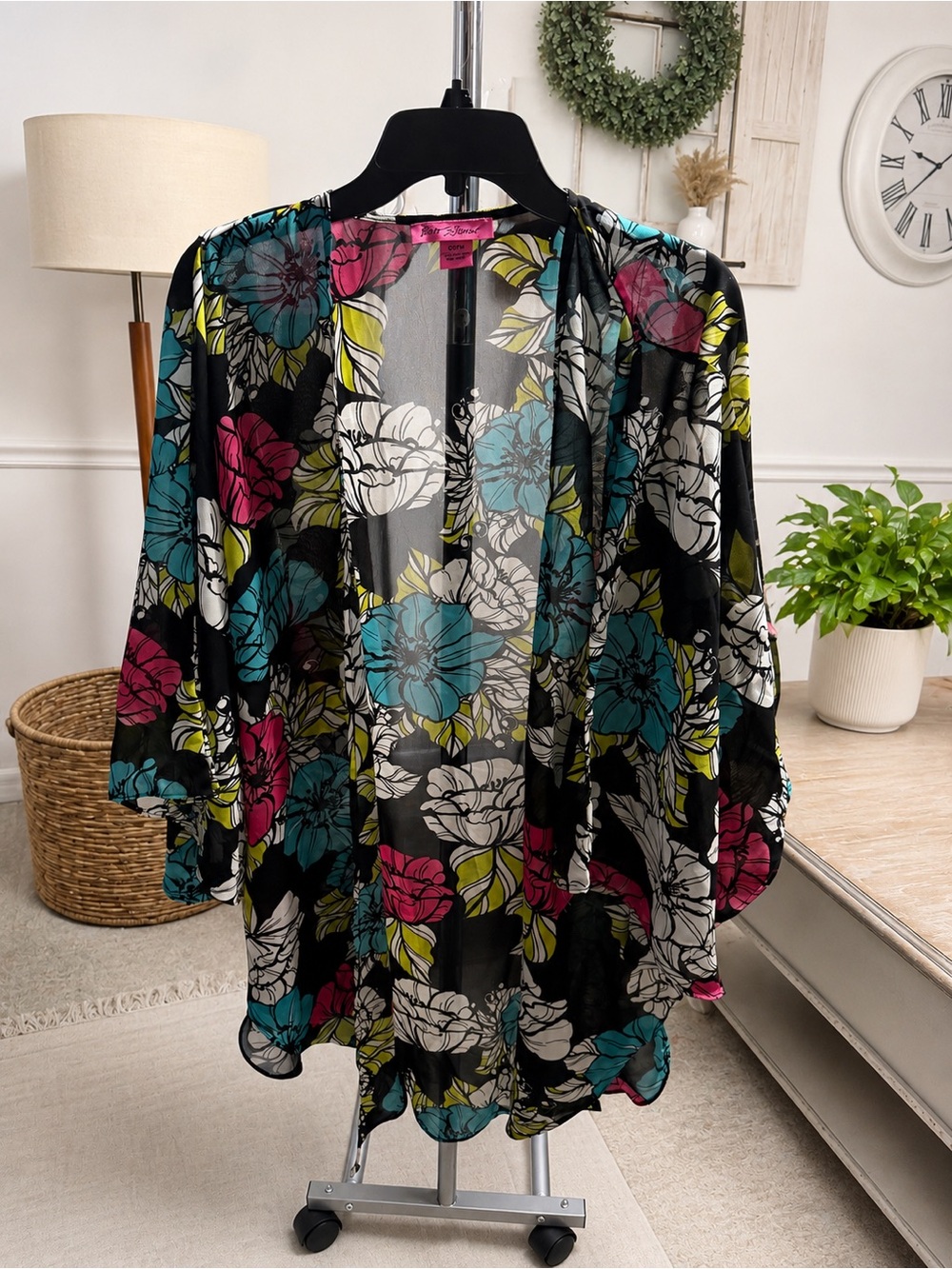 Betsey Johnson Sheer Floral Kimono - Black, Teal, Fuchsia, Lime & White